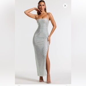 Embellished Square Neck Evening Gown in Silver